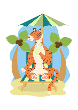 A cute funny tiger is resting in the summer on a sun lounger under an umbrella against the backdrop of palm trees. Holds a glass with a drink or cocktail in his hand. Vector illustration 2022. Chinese