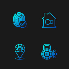 Set line Cyber security, System bug, Fingerprint and Smart home. Gradient color icons. Vector