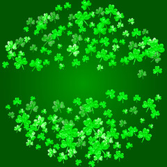 Clover background for Saint Patricks Day. Lucky trefoil confetti. Glitter frame of shamrock leaves. Template for poster, gift certificate, banner. Festal clover background.