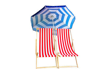 Two red striped fabric folding sling beach chairs with blue striped sun umbrella isolated on white