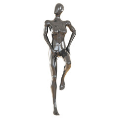 Female black abstract mannequin stands on one leg on a white background. 3d rendering