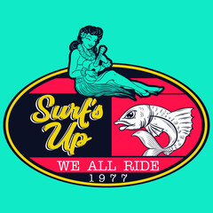 Illustration vector pin up with surfboard design and text background 