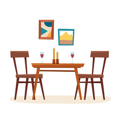 Dining table in kitchen with chairs, cups and teapot. Window with curtain. Flat cartoon style vector illustration. Vector illustration
