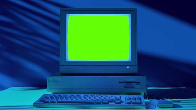 80s Style Old School Computer with Green Screen Technology. Retro Pc Computing Machine Element Indoors Home with Alpha Channel. Mockup Graphics Obsolete Hardware Tech in 1990s. Workspace Video Shot 4k