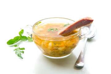 cooked smoked pea soup with ribs in a plate