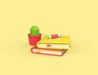 3D render books with bookmark and pencil. Concept isolated yellow background.