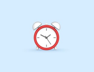 Red alarm clock isolated blue background. 3D render model design.