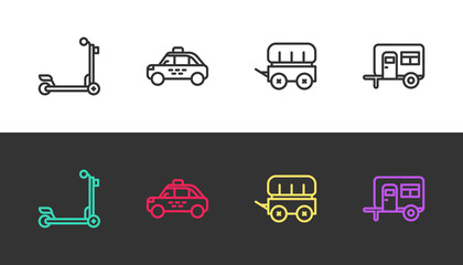 Set line Scooter, Taxi car, Wild west covered wagon and Rv Camping trailer on black and white. Vector