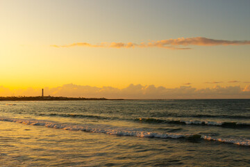 golden sunset over the Atlantic Ocean in Casablanca, Morocco