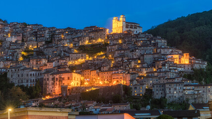 Panoramic sight of Artena at night, old rural village in Rome Province, Latium, central Italy. - obrazy, fototapety, plakaty