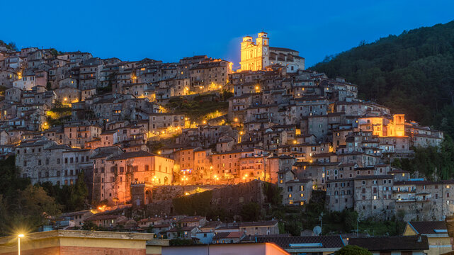 Panoramic sight of Artena at night, old rural village in Rome Province, Latium, central Italy.