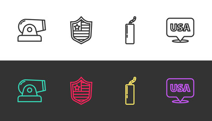 Set line Cannon, Shield with stars, Dynamite bomb and USA Independence day on black and white. Vector