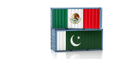 Two freight container with Pakistan and Mexico flag. Copy space on the left side - 3D Rendering