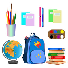 School set. Globe, stack of books, bag, notebooks, pencils, pens, brush, paints. Isolated over white background. 