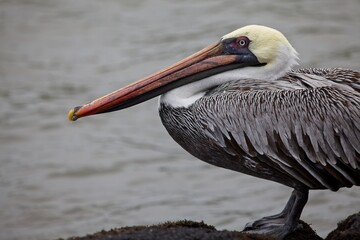 Sideon closeup of Galapagos Brown Pelican (Pelecanus occidentalis urinator) in Galapagos Islands, Ecuador.