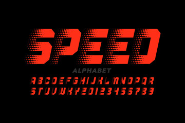 Speed style font, typography design, alphabet letters and numbers vector illustration