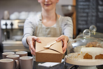 Close Up Of Female Worker in Cafe Serving Meal In Sustainable Recyclable Packaging With Wooden Fork