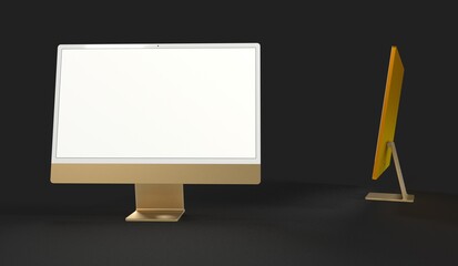 Computer display mock up with blank white screen. Stylish desktop computer mockup 3D