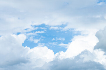 Stunning view of a blue sky with some fluffy clouds. Aerial shoot, natural background with copy space.