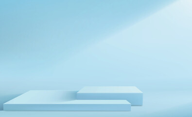 3d abstract background with a set of pedestals in pastel blue colors. Square empty display stands. Minimalistic realistic image of an empty podium to showcase cosmetics products.