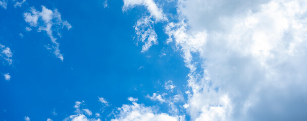 Stunning view of a blue sky with some fluffy clouds. Aerial shoot, natural background with copy space.
