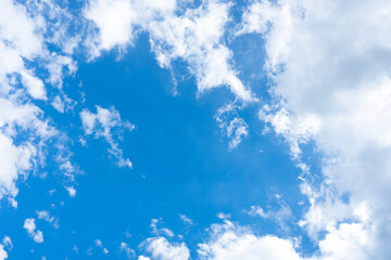Stunning view of a blue sky with some fluffy clouds. Aerial shoot, natural background with copy space.