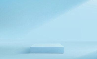 3d abstract pedestal background in blue tones. Square empty stand. Minimalistic realistic image of an empty podium to showcase cosmetics products.