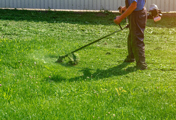 Worker man in protective pants mows the green grass on lawn with an autonomous grass mower