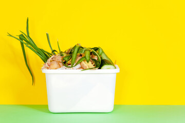 Kitchen composting bin. Peeled vegetables in white compost bin on multi colored background. Trash...