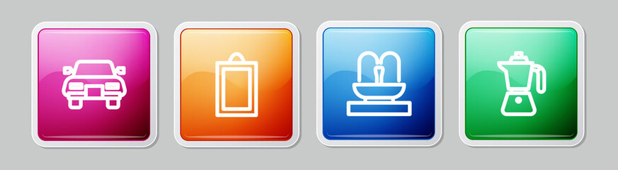 Set line Car, Picture, Fountain and Coffee moca pot. Colorful square button. Vector
