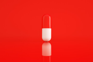 3d render of one red and white pill over red background, pharmacy concept