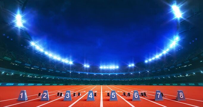 Modern Athletics Stadium with shining lights and start blocks on the running track. Professional sport 4k video background.	

