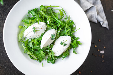 green salad quenelle cream cheese fresh lettuce mix leaves cuenelle diet keto or paleo diet veggie vegan or vegetarian food meal snack copy space food background rustic 