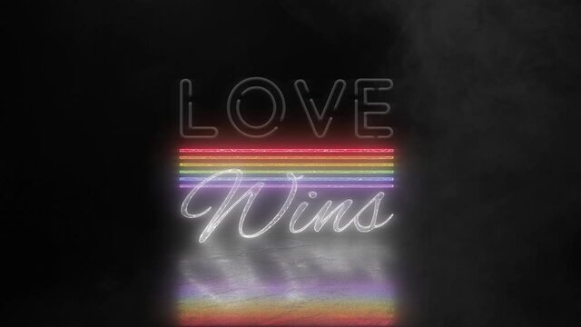Love wins neon rainbow text with smoke or fog effect.Love wins neon sign with light reflection on the floor on black background. Pride day, tolerance, freedom and lgtb community concept.Animation 4k