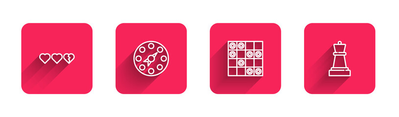 Set line Hearts for game, Twister, Board of checkers and Chess with long shadow. Red square button. Vector