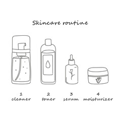 Skincare routine doodle set of products for face outline, isolated vector illustration on white background