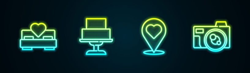Set line Bedroom, Wedding cake, Location with heart and Photo camera. Glowing neon icon. Vector