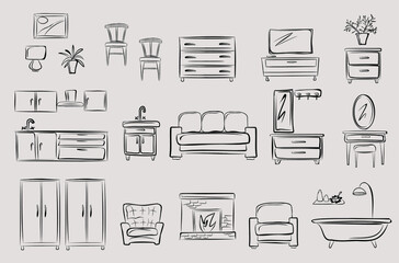Kitchen, hallway, living room, bedroom. Sofa, armchair, wardrobe, chest of drawers, TV, mirror, floor lamp, chandelier. Part of a set of furniture and interior accessories. Isolated vector objects.