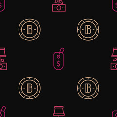 Set line Money plant in the pot, Bitcoin and Price tag with dollar on seamless pattern. Vector