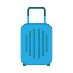 Obraz premium Carry on luggage bag, blue suitcase with handle and wheels in simple flat style. Vector illustration isolated on white background. Rolling baggage, travel concept.