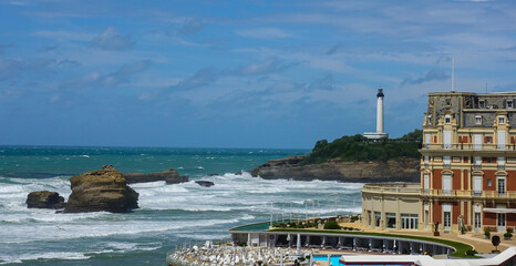 Rough water and Ocean waves: Seaside at  Biarritz, France - obrazy, fototapety, plakaty