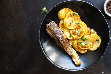 fish and chips potato fried slice garnish baked seafood omega diet meal snack copy space food background rustic top view