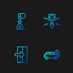 Set line Burning car, Fire exit, Bucket extinguishing fire and Electricity spark. Gradient color icons. Vector