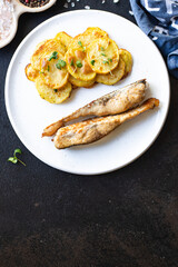 fish and chips potato fried slice garnish baked seafood omega diet meal snack copy space food background rustic top view