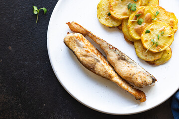 fish and chips potato fried slice garnish baked seafood omega diet meal snack copy space food background rustic top view
