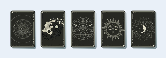 Set of decorative tarot cards. Magic occult tarot cards, esoteric boho spiritual tarot, retro vintage engraving style. the sun, moon phases, crystals, magic symbols. Print in the interior 