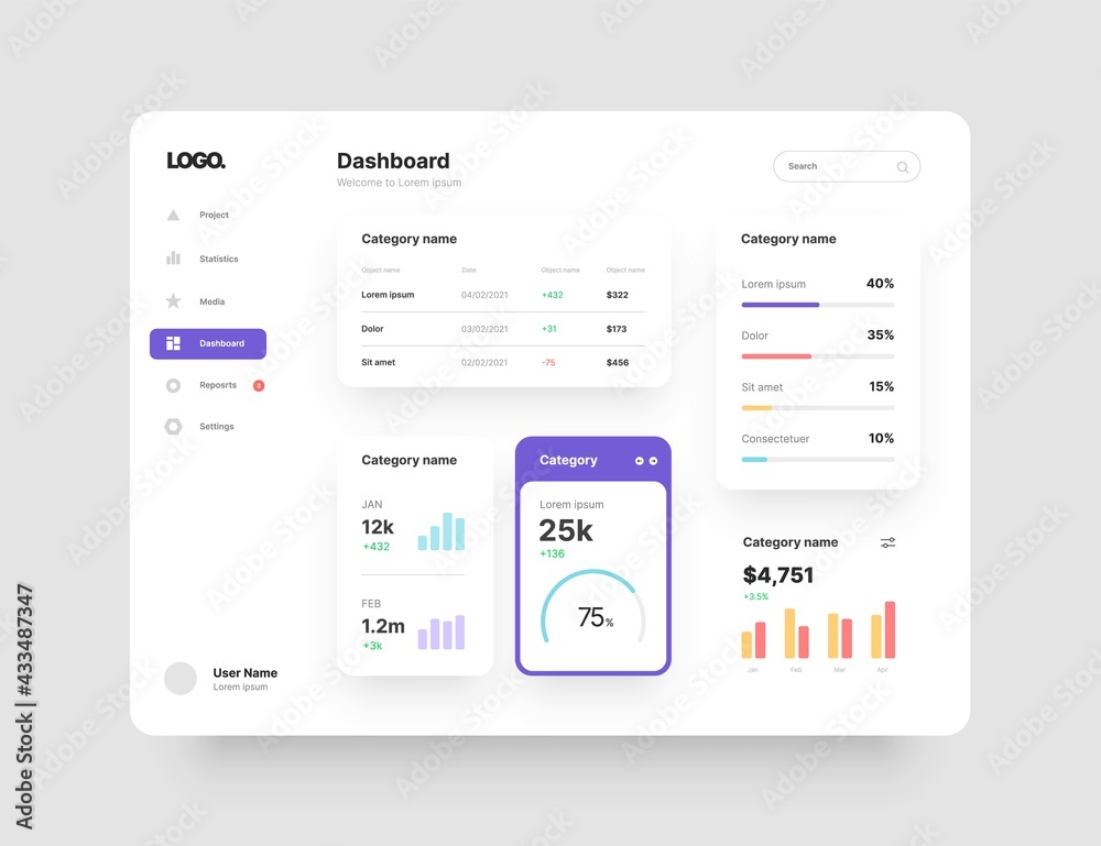 Fototapete Dashboard design. Desktop app with UI elements. Use for web application or website.