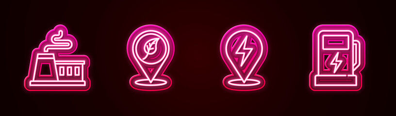 Set line Factory, Location with leaf, Lightning bolt and Electric car charging station. Glowing neon icon. Vector