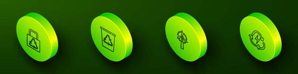 Set Isometric line Paper bag with recycle, Recycle bin, Wind turbine and Battery icon. Vector