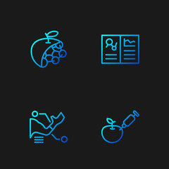Set line Genetically modified apple, Prosthesis hand, Biological structure and Clinical record. Gradient color icons. Vector